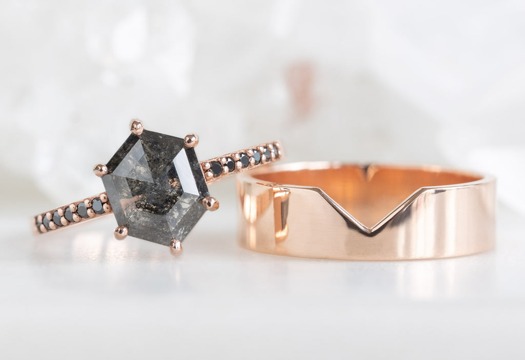 The Willow Ring with a Black Hexagon Diamond with the Gold Cut-Out Stacking Band