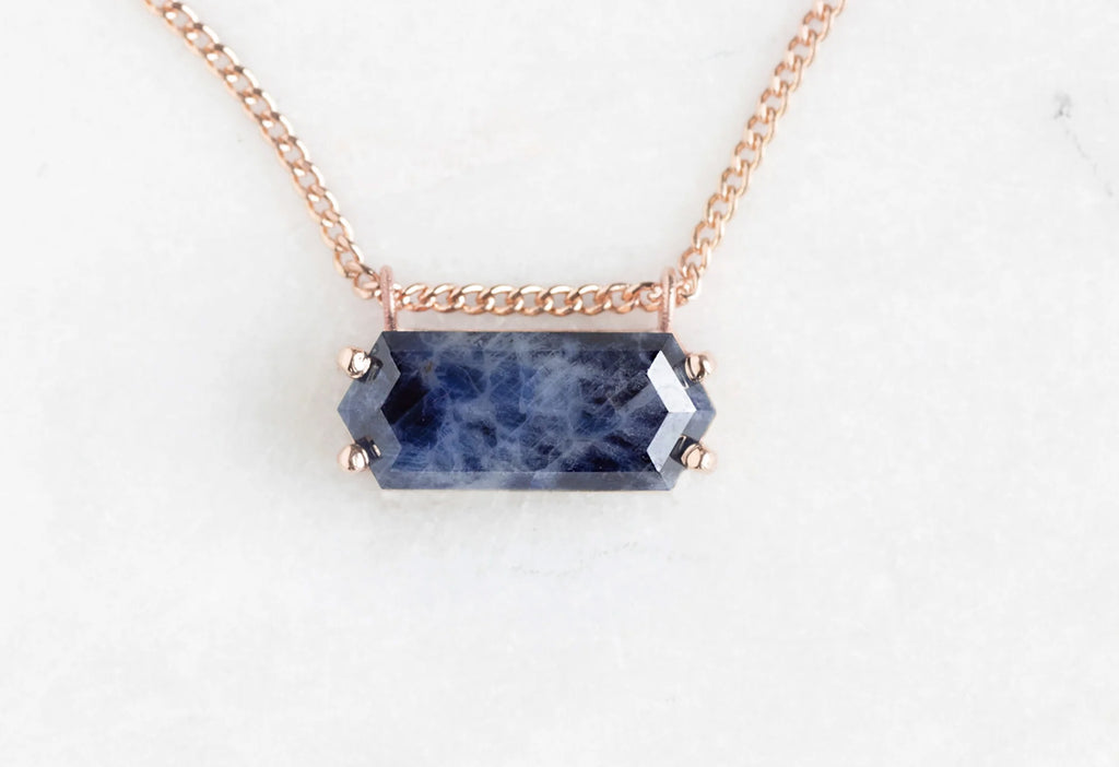 Raw Montana Sapphire Hexagon Necklace-10k Rose Gold