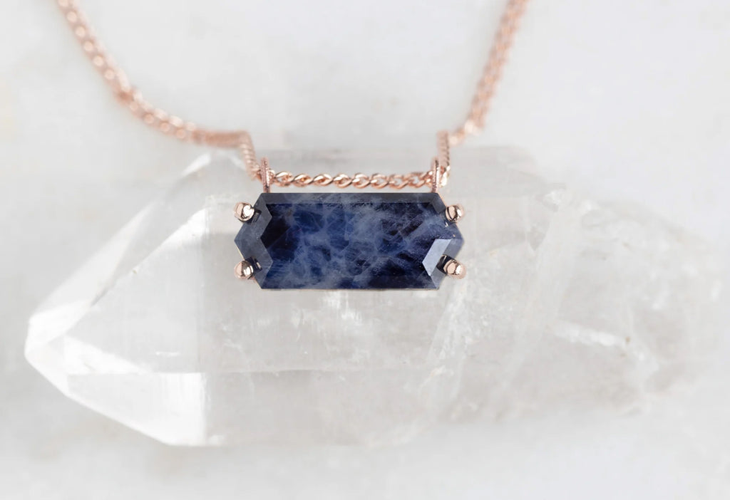 Raw Montana Sapphire Hexagon Necklace-10k Rose Gold