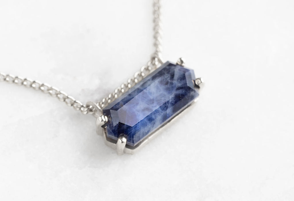 Raw Montana Sapphire Hexagon Necklace-10k White Gold