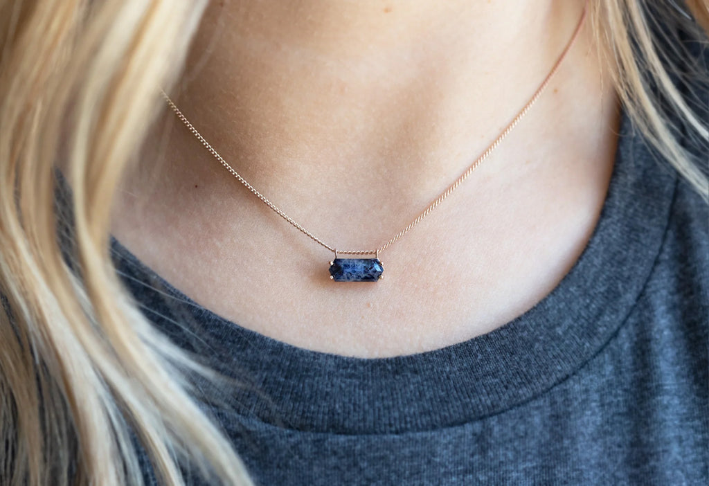 Raw Montana Sapphire Hexagon Necklace-10k Rose Gold