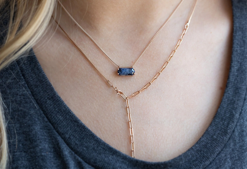 Raw Montana Sapphire Hexagon Necklace-10k Rose Gold