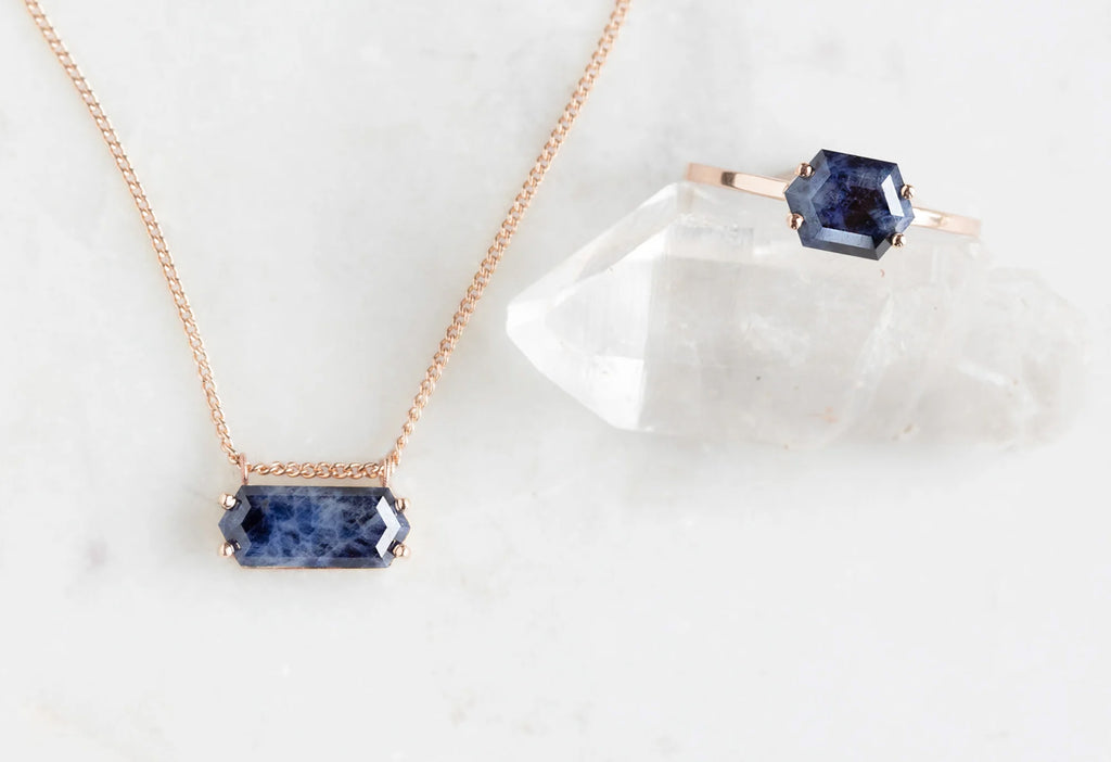 Raw Montana Sapphire Hexagon Necklace-10k Rose Gold