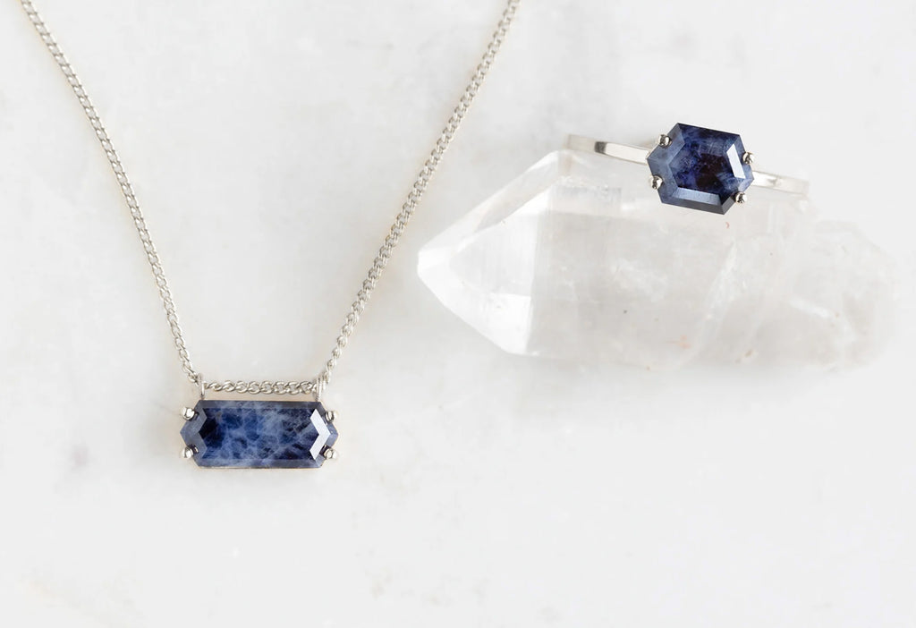 Raw Montana Sapphire Hexagon Necklace-Sterling Silver