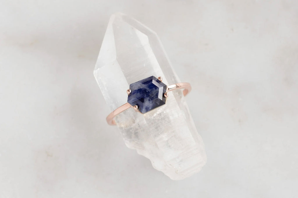 Raw Montana Sapphire Hexagon Ring-10k Rose Gold