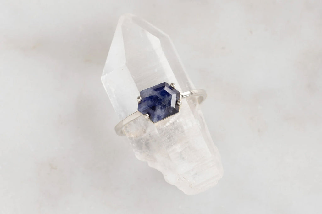 Raw Montana Sapphire Hexagon Ring-Sterling Silver