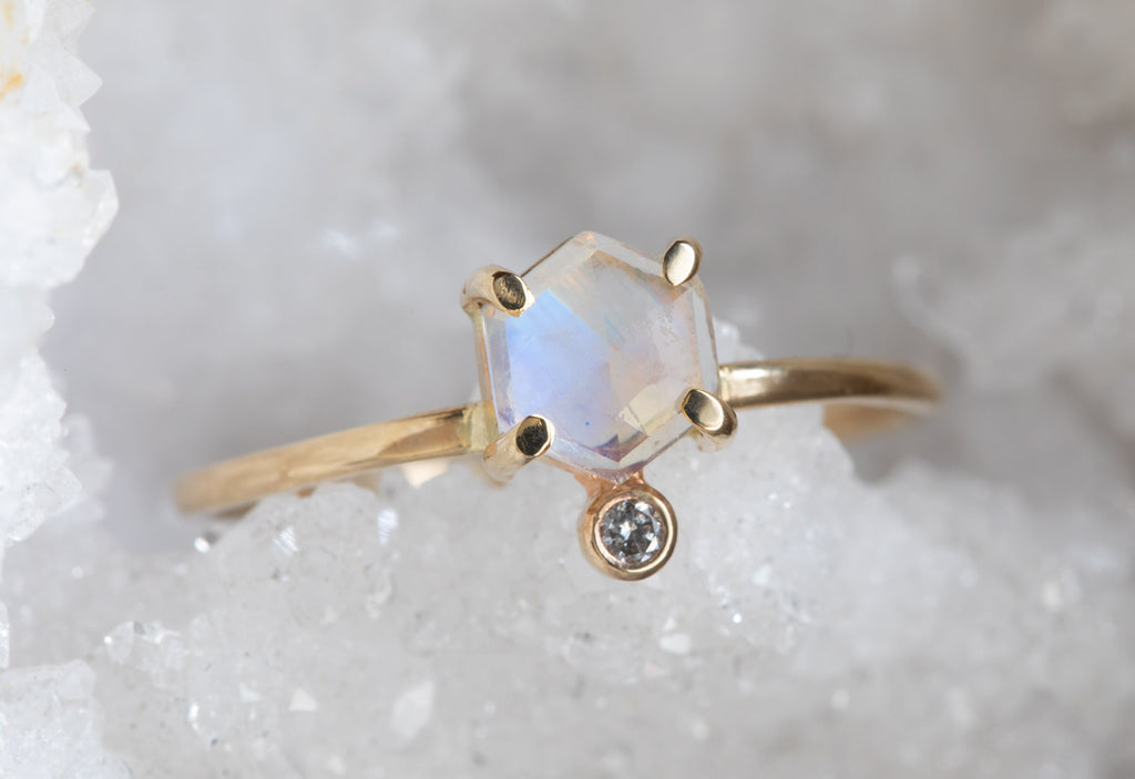 Hexagon Moonstone + Diamond Ring