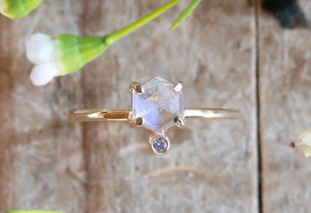 Hexagon Moonstone + Diamond Ring