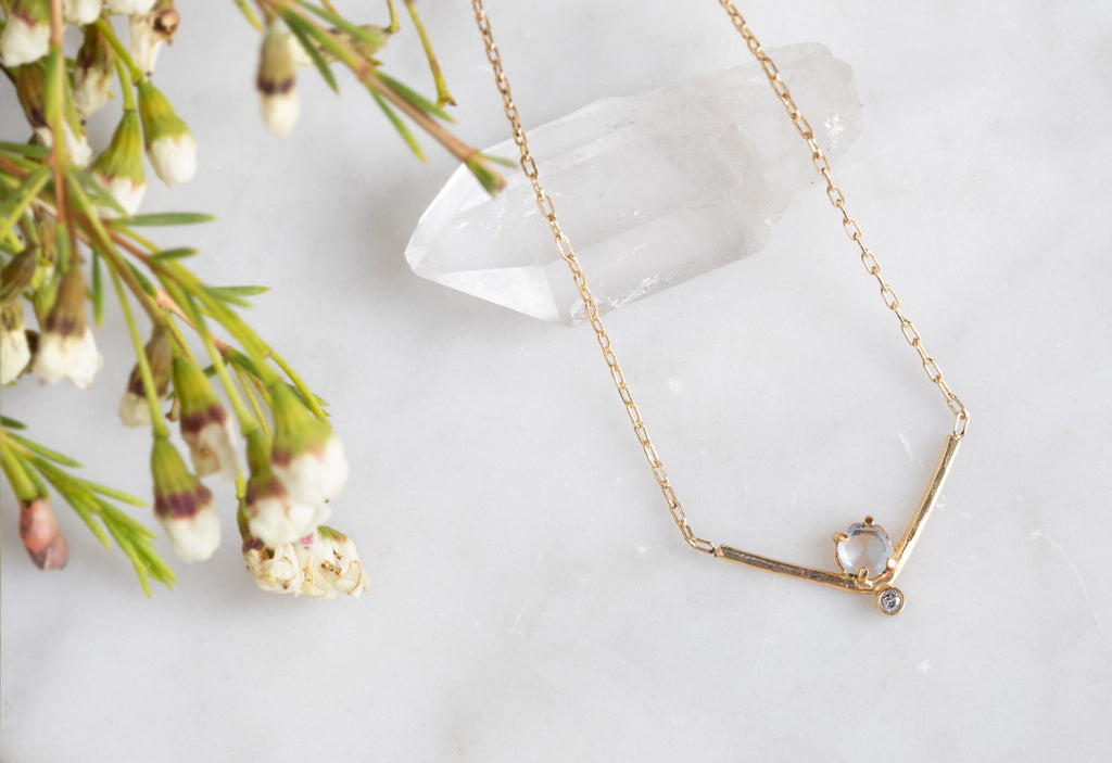 Hexagon Moonstone + Diamond Necklace