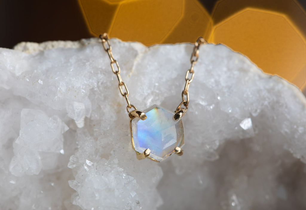 Rose Cut Moonstone Hexagon Necklace