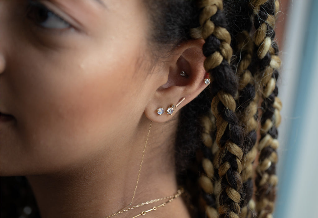 Moonstone Hexagon and Diamond Stud Earrings Stacked on Model