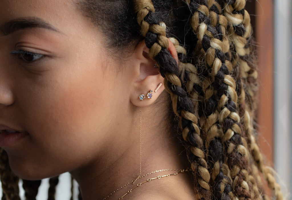 Hexagon Moonstone Threader Earrings on Model