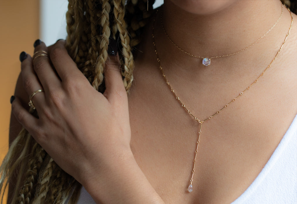 Rose Cut Moonstone Hexagon Necklace Layered on model