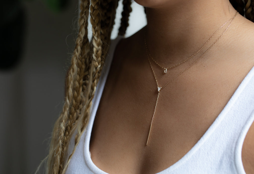 Simple Diamond Briolette Necklace on model