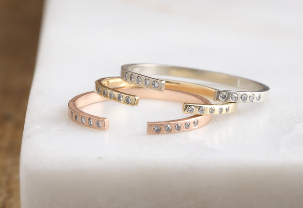 Three Open Cuff Flush Set Pavé Diamond Bands in each metal option