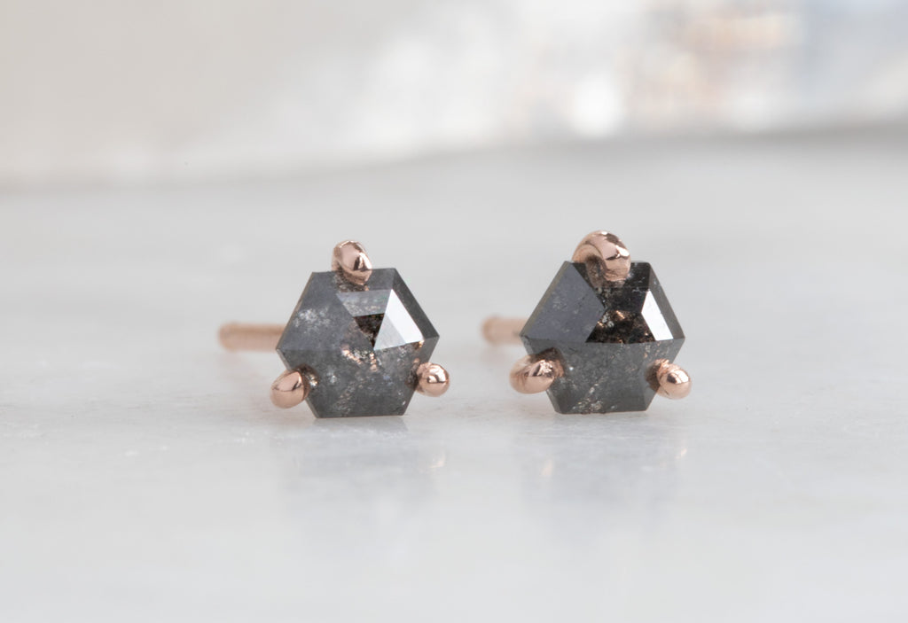 Teensy Natural Rose Cut Black Diamond Hexagon Stud Earrings