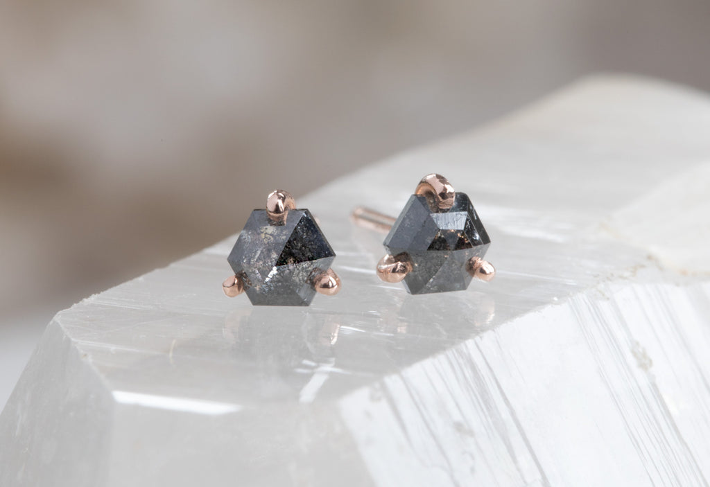 Teensy Natural Rose Cut Black Diamond Hexagon Stud Earrings