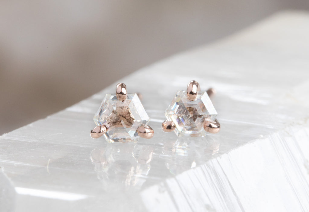 Teensy Natural Rose Cut White Diamond Hexagon Stud Earrings