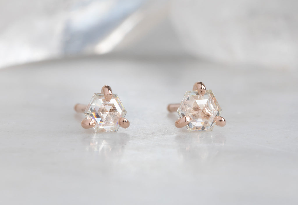 Teensy Natural Rose Cut White Diamond Hexagon Stud Earrings