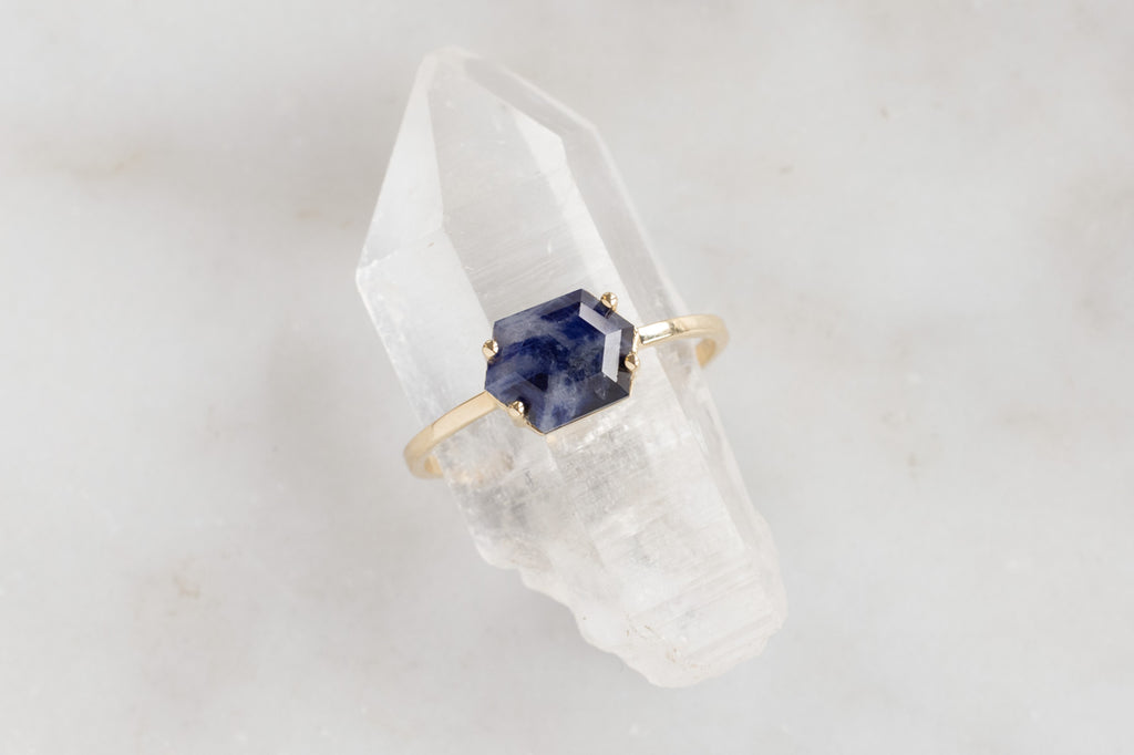 Raw Montana Sapphire Hexagon Ring-10k Yellow Gold