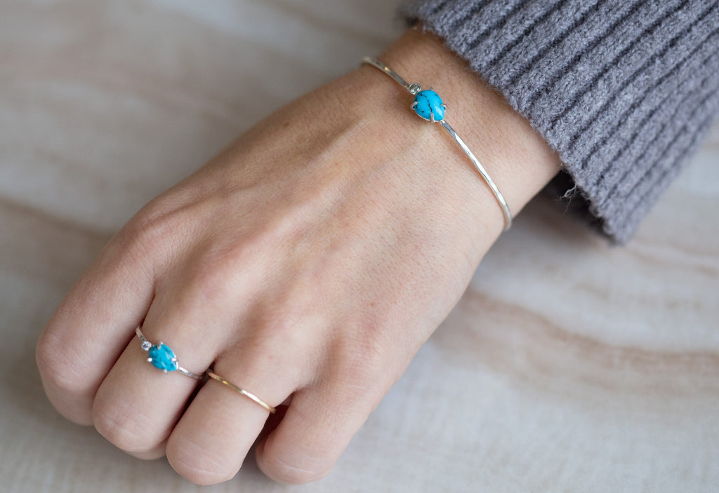 Sterling Silver Asymmetrical Turquoise and Diamond Cuff on Model