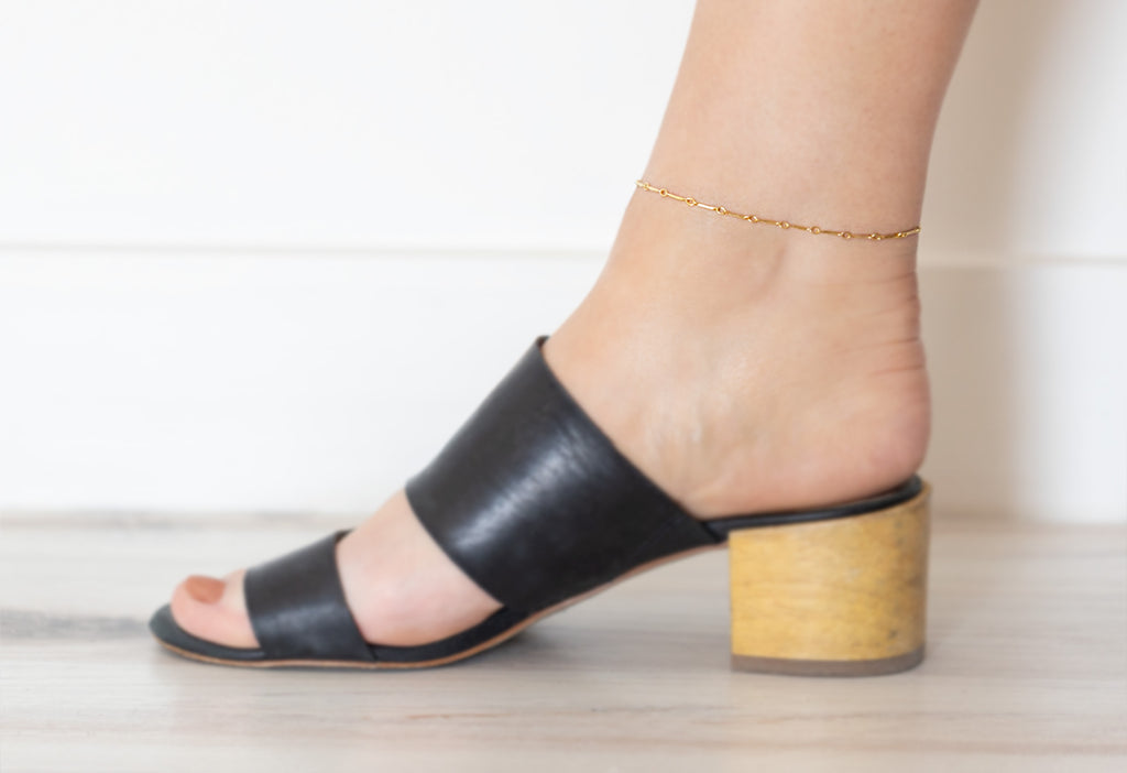 Bar Chain Anklet + Bracelet on Model in Black Mule Sandals