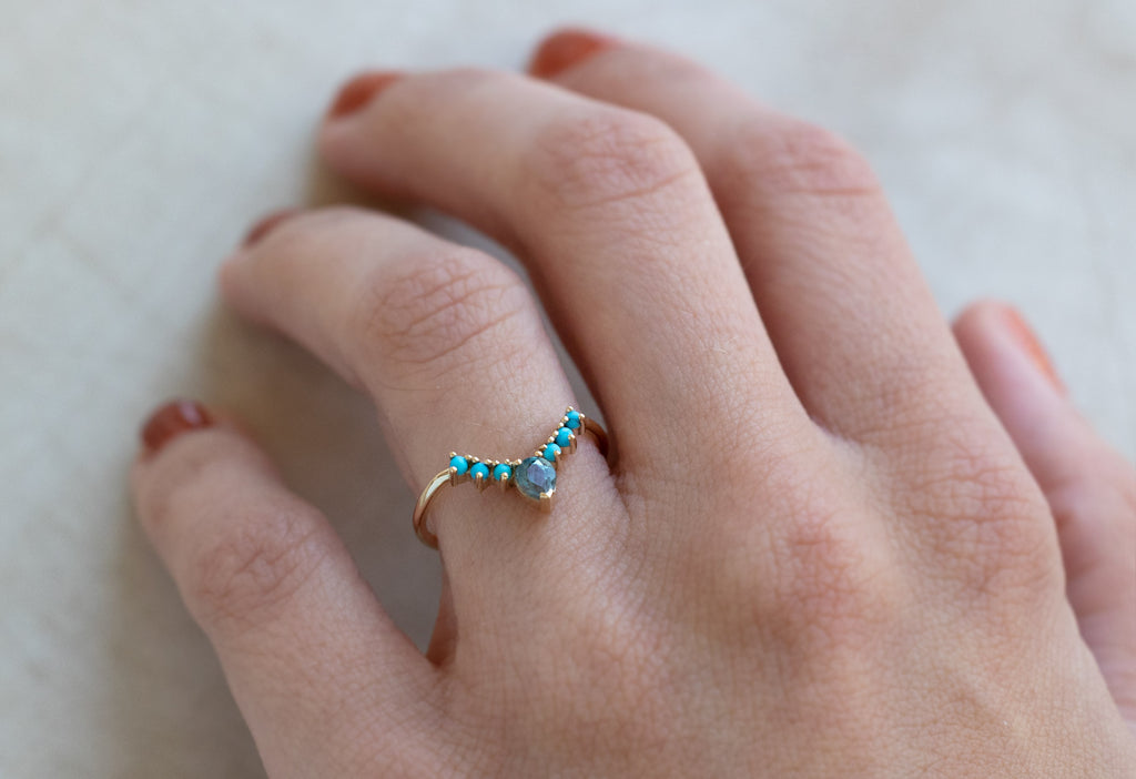 Montana Sapphire + Turquoise Sunburst Stacking Ring on Model