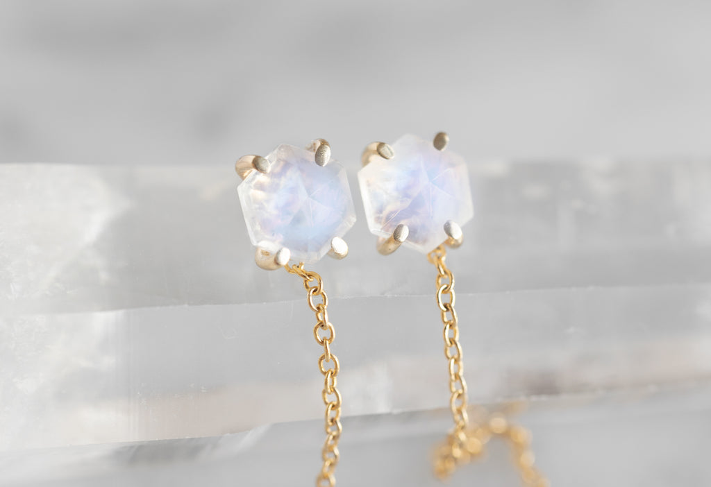 Close Up Hexagon Moonstone Thread Earrings