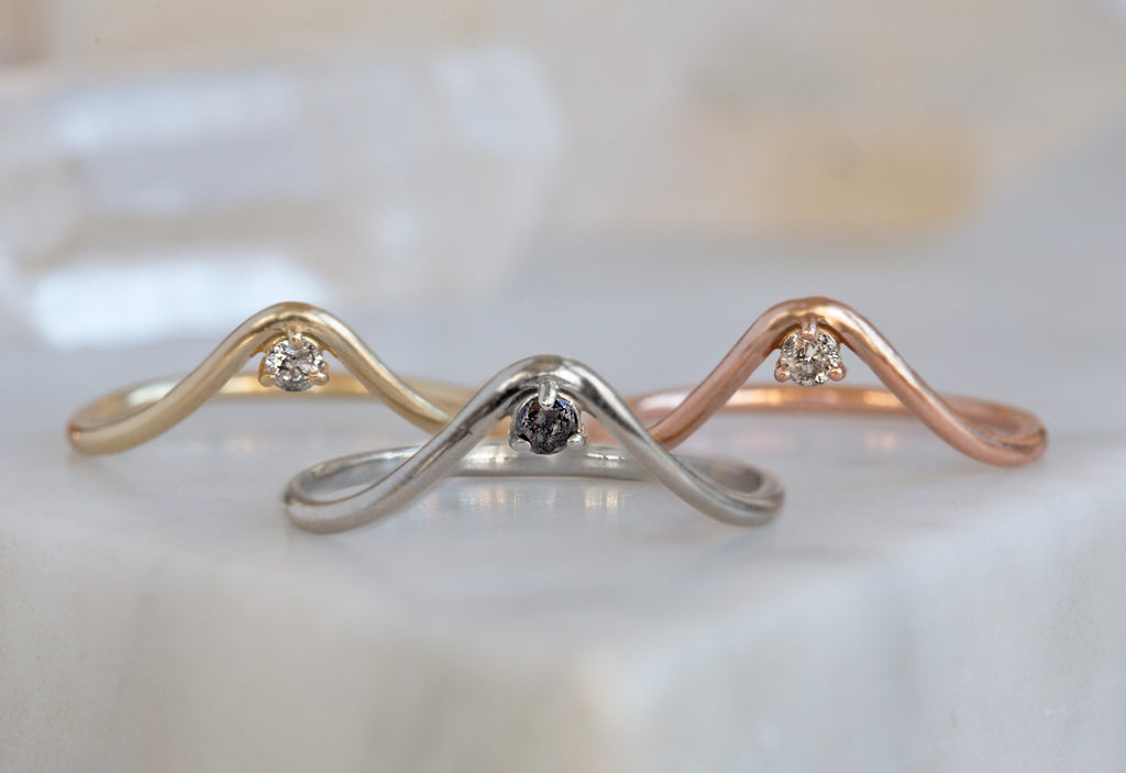 Three Peak Diamond Stacking Ring in Yellow, White and Rose Gold