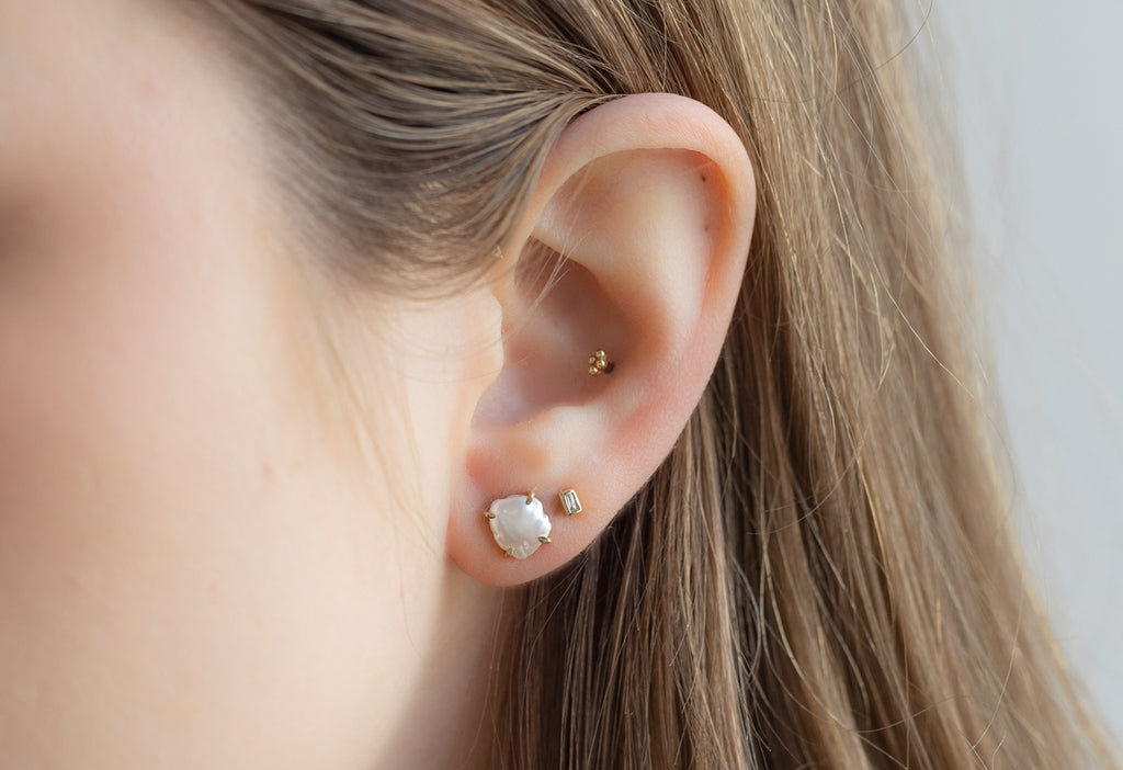 Keshi Pearl Stud Earrings Stacked on Model