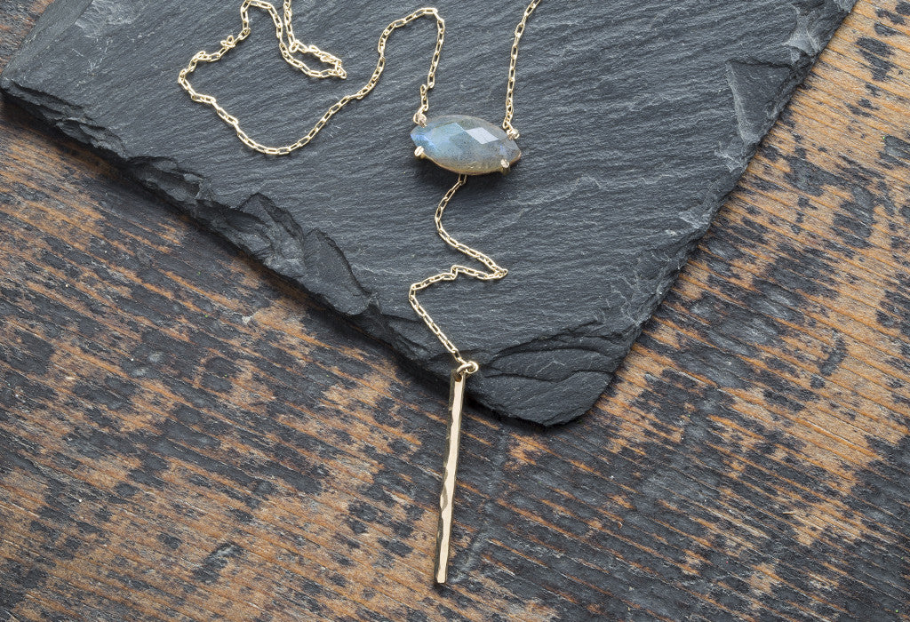 Labradorite Marquise Lariat Necklace on Slate Rock