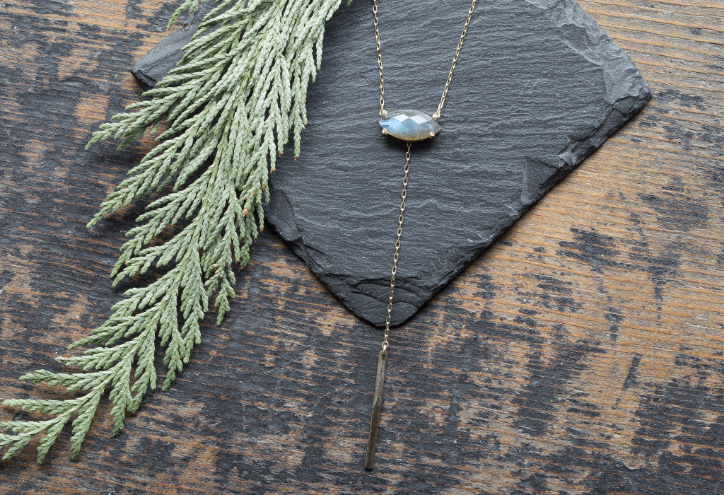 Labradorite Marquise Lariat Necklace on Slate Rock