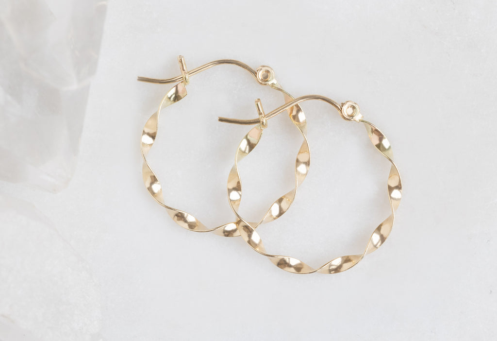 20mm Yellow Gold Ribbon Hoops Flat on Model