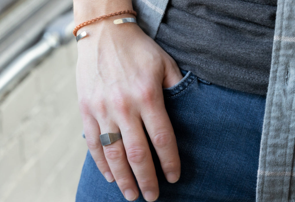 Men's Custom Signet Ring in Oxidized Sterling Silver on Model