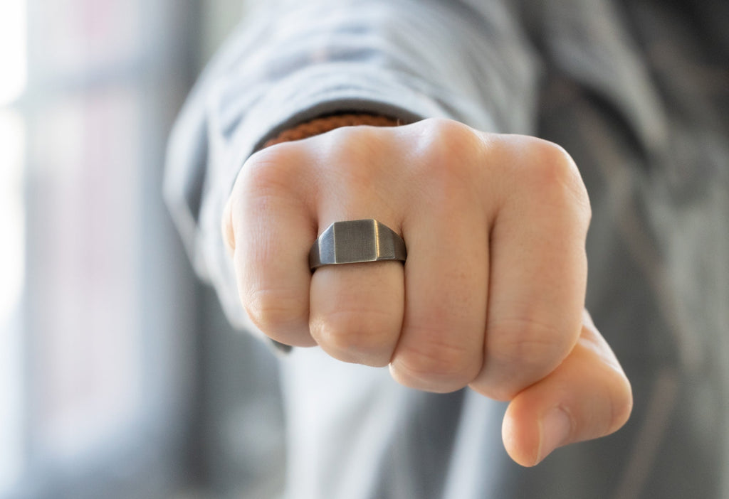 Men's Custom Signet Ring in Oxidized Sterling Silver on Model