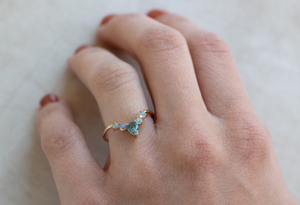 Montana Sapphire + Opal Sunburst Stacking Ring on Model