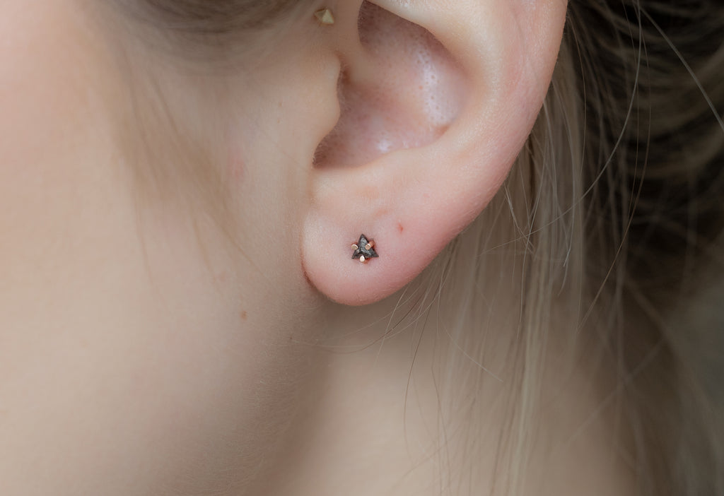 Natural Rose Cut Black Diamond Trillion Stud Earrings on Model