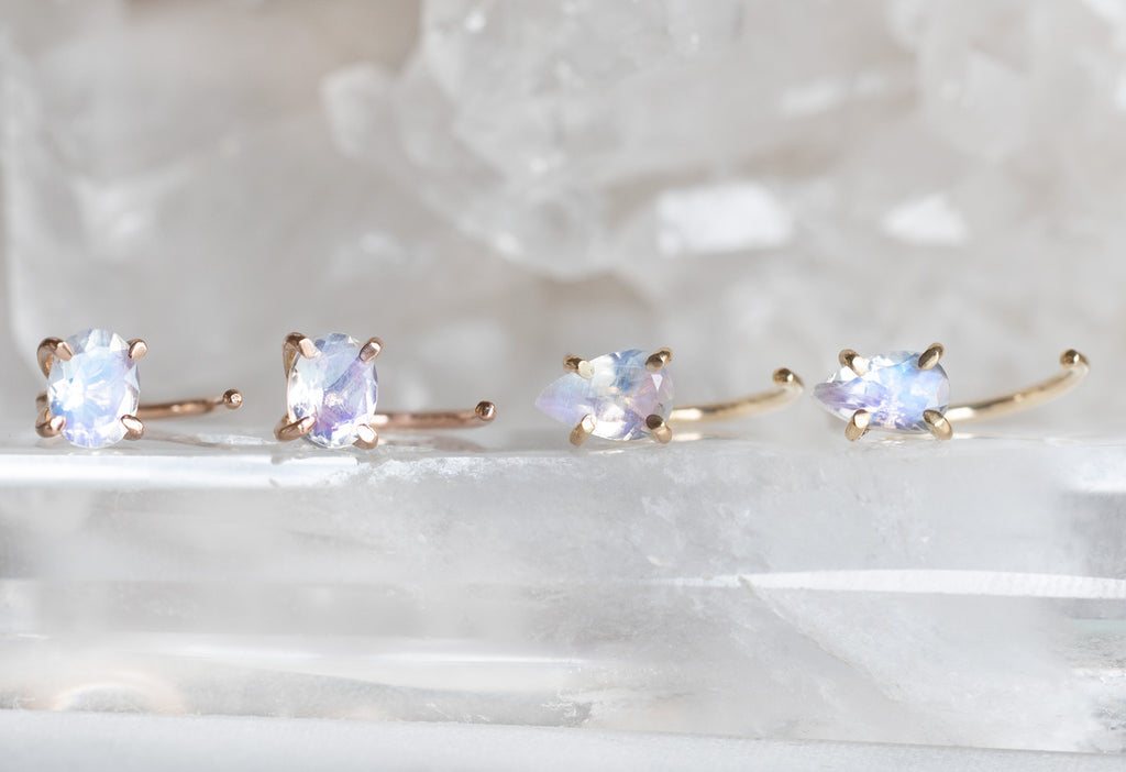 Rainbow Moonstone Huggie Stud Earrings in Rose and Yellow Gold