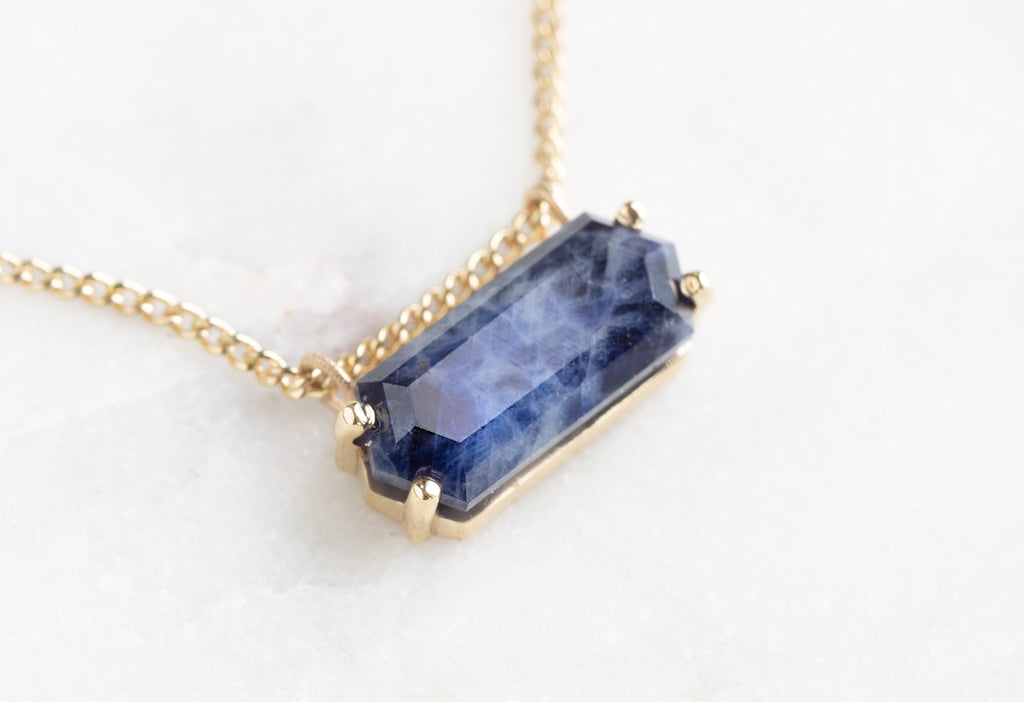 Raw Montana Sapphire Hexagon Necklace-10k Yellow Gold