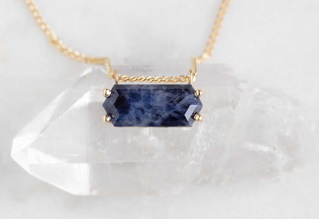 Raw Montana Sapphire Hexagon Necklace-10k Yellow Gold