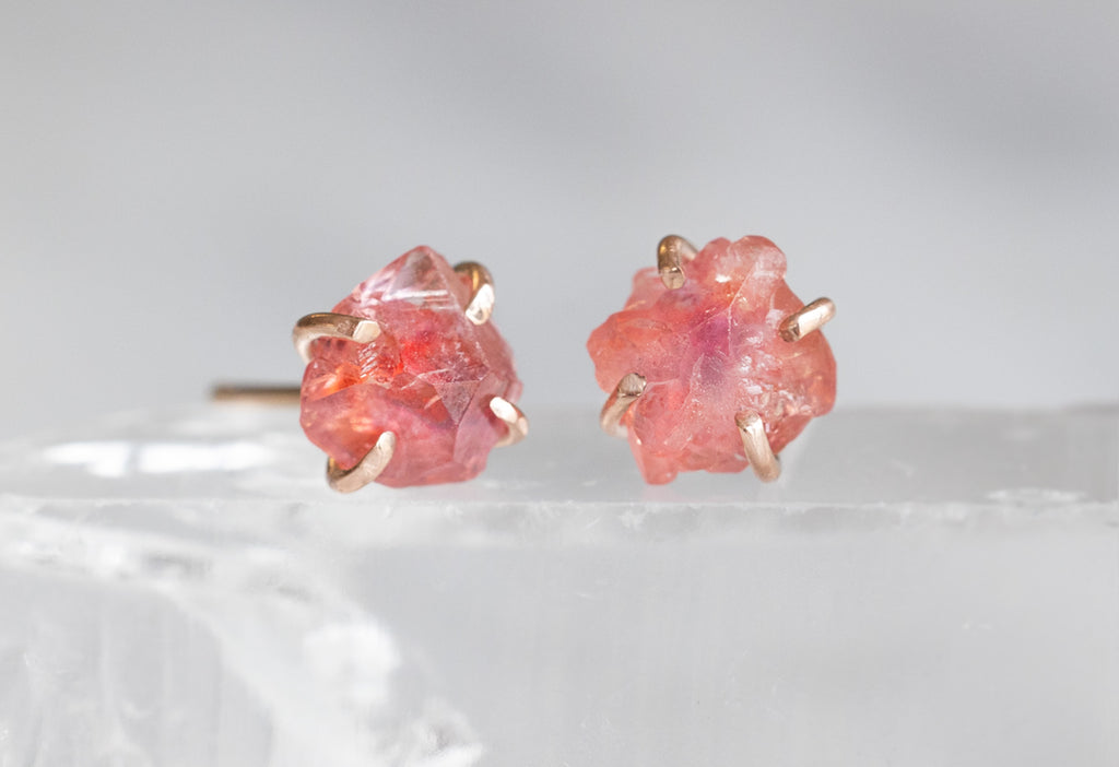 Raw Padparadscha Sapphire Gemstone Stud Earrings