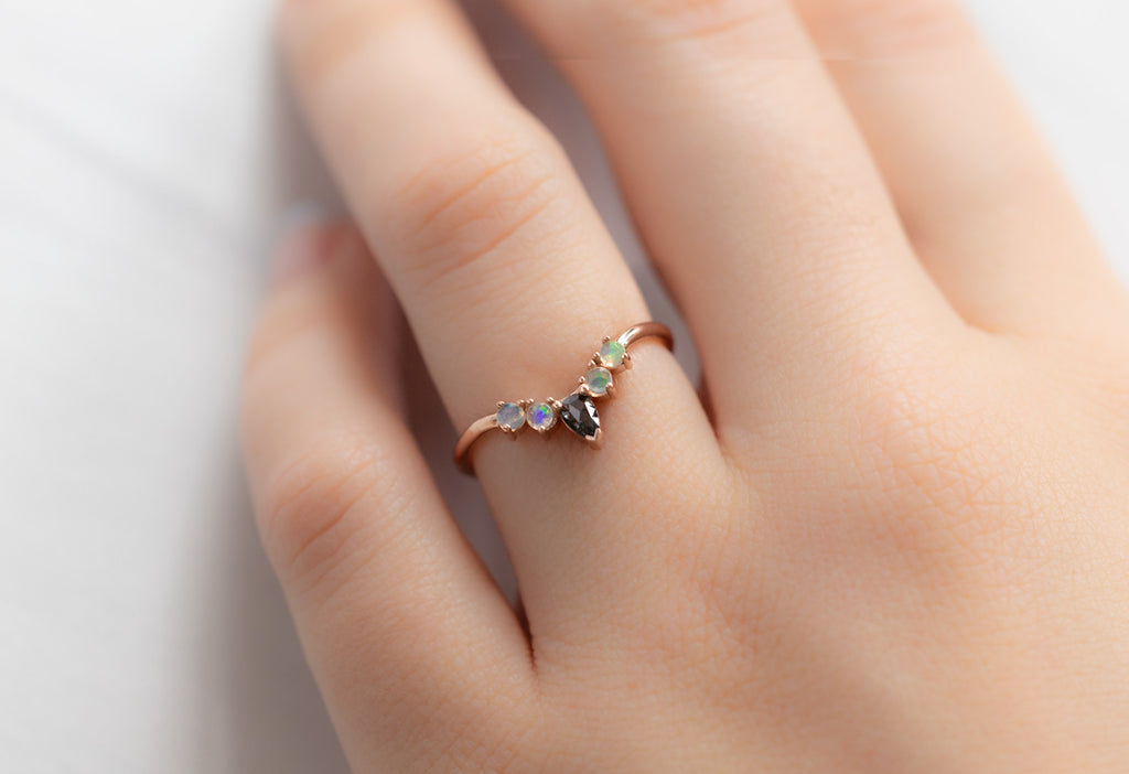 Opal and Diamond Sunburst Stacking Band in Rose Gold on Model