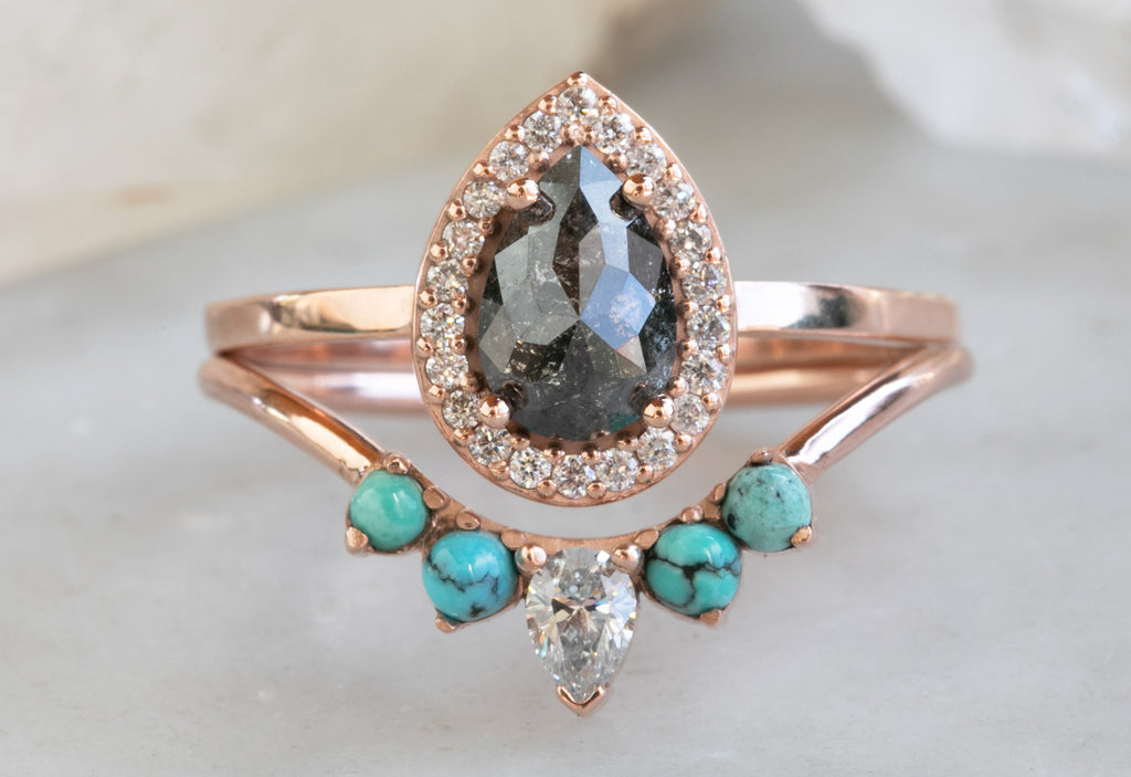 Turquoise and White Diamond Sunburst Stacking Ring with Diamond Engagement Ring