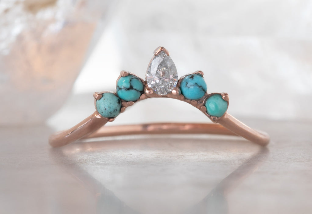 Rose Gold Turquoise and White Diamond Sunburst Stacking Ring