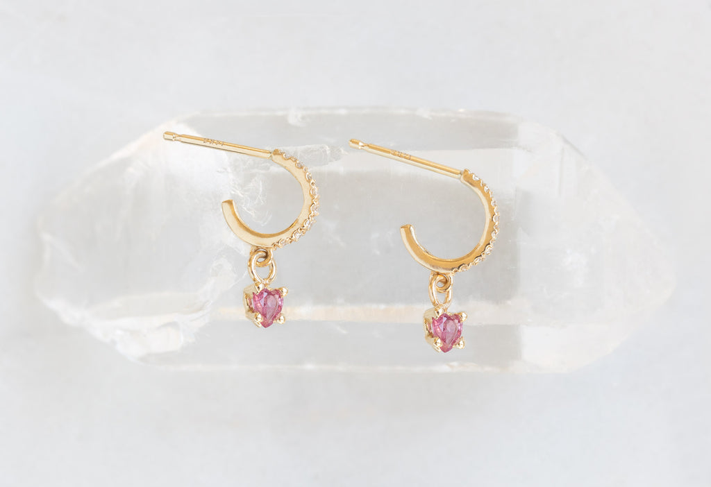 Yellow Gold Ruby Heart + Diamond Huggie Studs