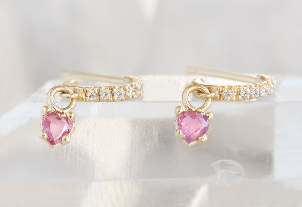 Yellow Gold Ruby Heart + Diamond Huggie Studs