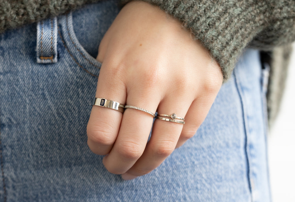 Sapphire Cigar Band Stacked on Model in White Gold