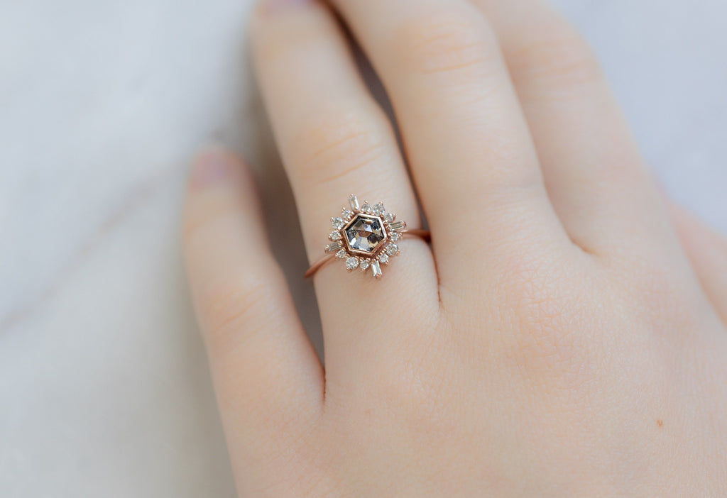 The Compass Ring with a Salt and Pepper Hexagon Diamond on Model