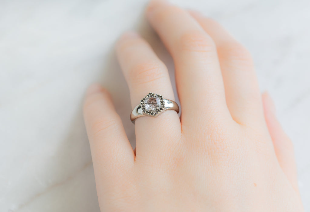 The Signet Ring with a Hexagon Tourmaline in Quartz on Model