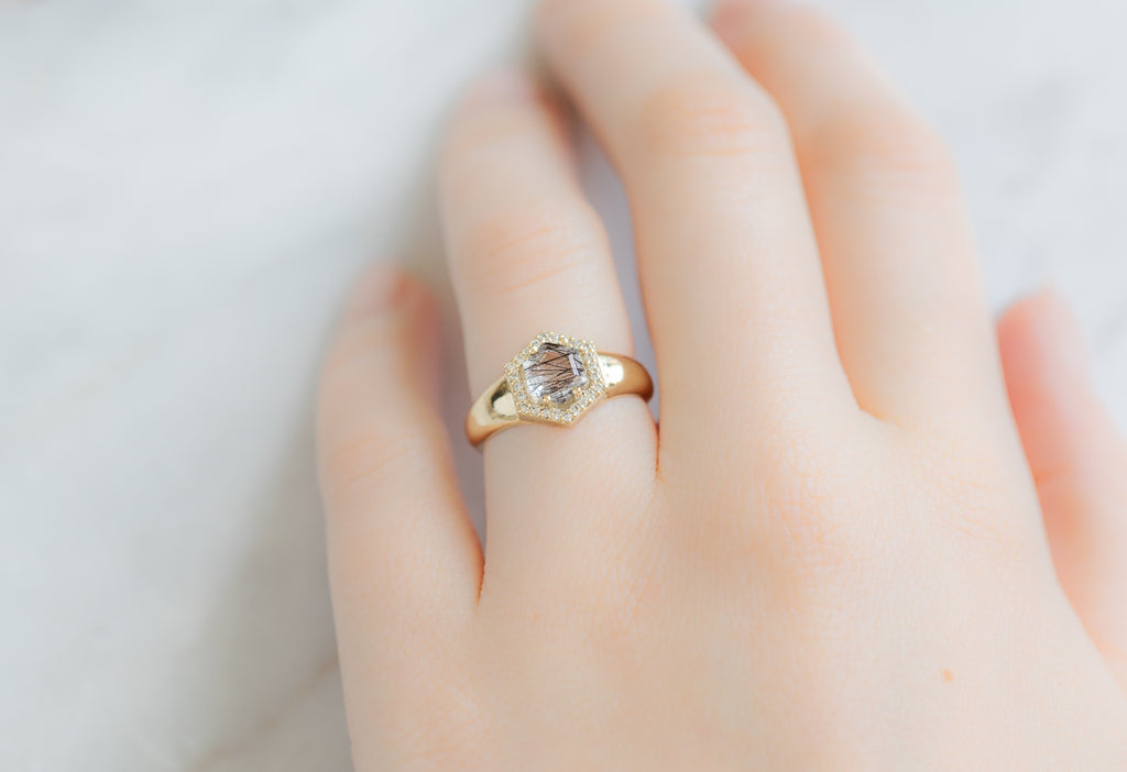 The Signet Ring with a Tourmaline in Quartz Hexagon on Model